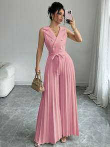 Selianne Bộ áo liền quần xếp ly hai hàng cúc màu mơ thanh lịch dành cho nữ, thích hợp cho mùa xuân và mùa thu. - Hồng - Xem 1