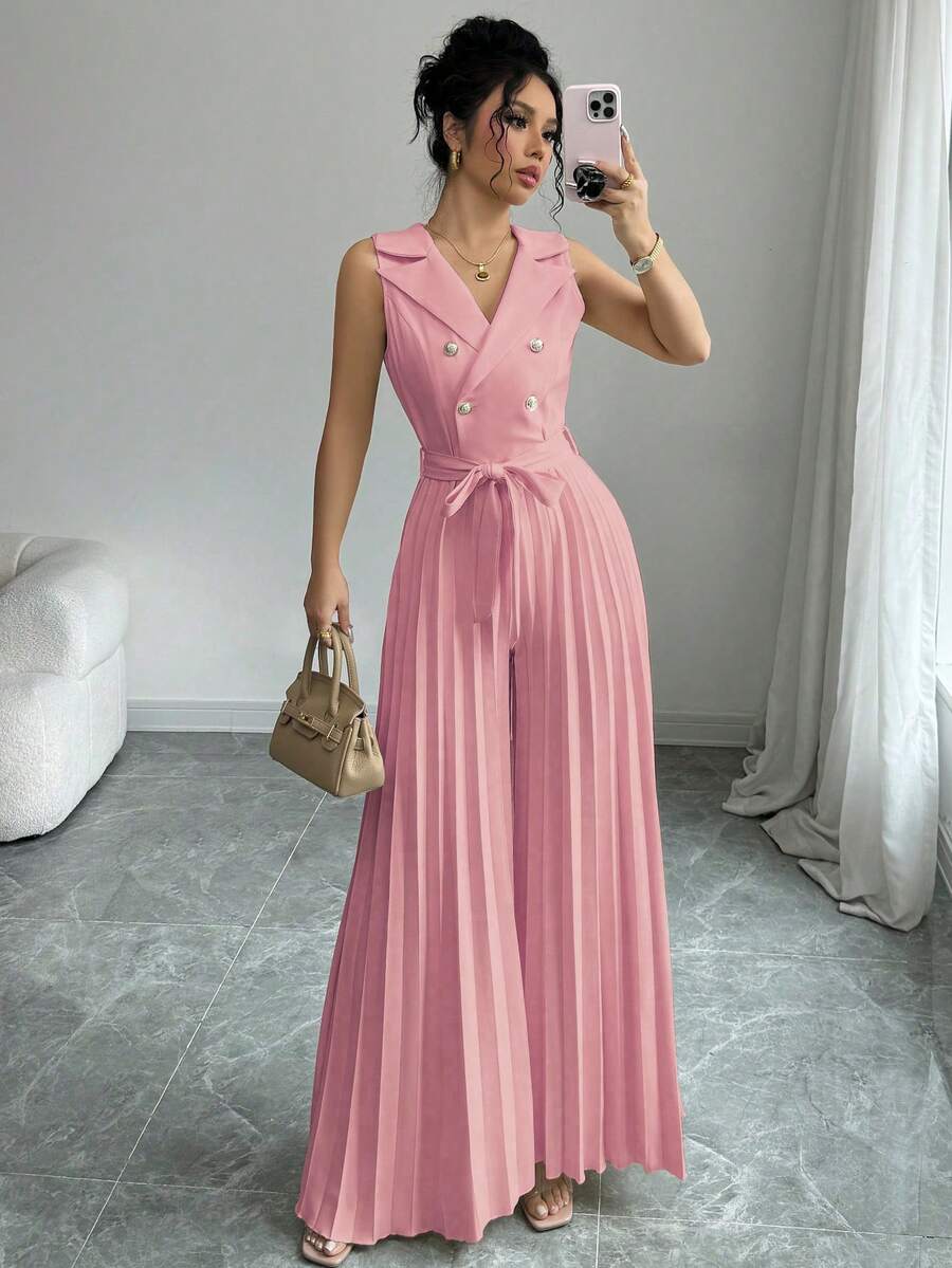 Selianne Bộ áo liền quần xếp ly hai hàng cúc màu mơ thanh lịch dành cho nữ, thích hợp cho mùa xuân và mùa thu. - Hồng - Xem 1