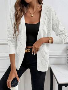 EMERY ROSE Cardigan décontracté et confortable à motif de diamant ajouré pour femmes - Blanc - Voir 4
