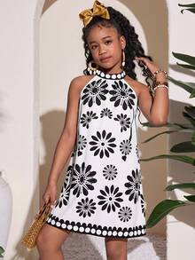 SHEIN Tween Girl Fashionable Elegant Floral Print Halter Dress - Blue - View 3