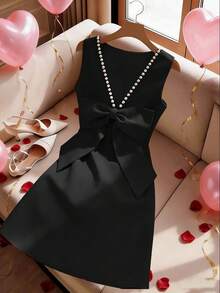 GlowEve Women's Red Backless Beaded Bow Decor Sleeveless Dress - Black - View 7