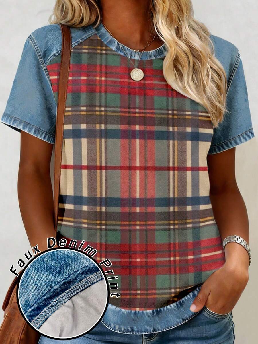 INAWLY Women's Denim-Look Printed Patchwork Crew Neck Long Sleeve Relaxed Fit T-Shirt Colorful Striped Vintage Print Design Perfect For Summer Casual Versatile Style Fashion T-Shirt Stylish T-Shirt Sibling Gift Sister Gift Mom Gift Mother's Day Gift Casual Yet Fashionable Top - Multicolor - View 1