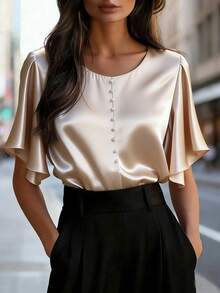 GlowEve Blusa elegante holgada de manga larga con cuello redondo, volantes y cuentas de perlas, de satén color champán, para primavera/verano - Champán - Ver 1