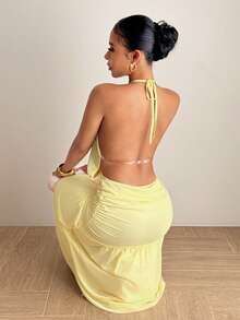 Slaydiva New Early Spring, Spring And Summer Music Festival, Valentine's Day, Easter, Bohemian Style, Nomadic Style, Casual, Simple And Basic, Cruise Party, Birthday Party, Daily Date, Casual Vacation, Elegant Commuting, Round Neck, Halter, Tie, Large Backless, Pleated Design, A Skirt, Light Yellow Dress, Slim Dress, Long Dress, Net Fabric, Long Dress For Women -B - Light Yellow - View 8