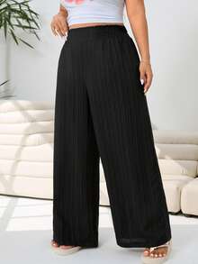 SHEIN EZwear 春夏新款休闲宽松黑色大码长裤，适合外出、日常休闲、派对、音乐节、返校、毕业典礼、通勤、度假、街头穿搭、居家休闲、逛街、城市漫步等多种场合穿着，腰带可调节，纹理编织面料 - 黑色 - 查看 4