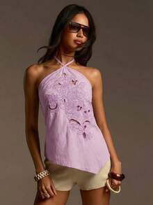 Athîral Áo kiểu nữ màu xám, cổ yếm, không tay, hở vai, vạt bất đối xứng, thích hợp cho kỳ nghỉ hè/mùa xuân. - Màu tím hoa cà - Xem 2