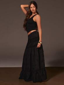 Athîral 2025 波西米亚风沙滩连衣裙 - 高开衩亚麻混纺长裙，松紧腰，蕾丝边饰，音乐节和度假的完美之选 | A字夏季连衣裙，女士夏季服装，女士度假装，白色沙滩装 - 黑色 - 查看 4