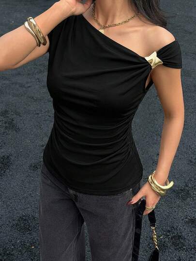 Pariaura Women's Solid Color Metal Decor Asymmetric Ruched Neck Fashion T-Shirt Black And Gold Top Cap Sleeve Tops For Women Women Tops Elegant Black Sexy Tops Satin Tops For Women Off Shoulder T Shirt Black Shirt Women Sexy One Shoulder Top Cute Black Top Black Top Elegant Slim Fit Tops Women's Black Tops Black Tops Elegant Z65c7 Code Clothes For Ladies Discount Women's Tops And Blouses Ladies Clothes Women's Work Clothes For The Office Work Outfits Women