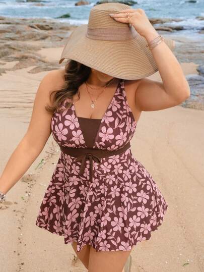 Swim Lushoire Conjunto de bikini de top con estampado floral y short tipo boyshort de unicolor para mujer talla grande