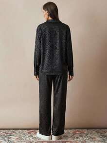 EURMUSE Foil Leopard Printed Blouse And Drawstring Slant Pockets Long Pants Elegant Cozy 2pcs Set - Black - View 2