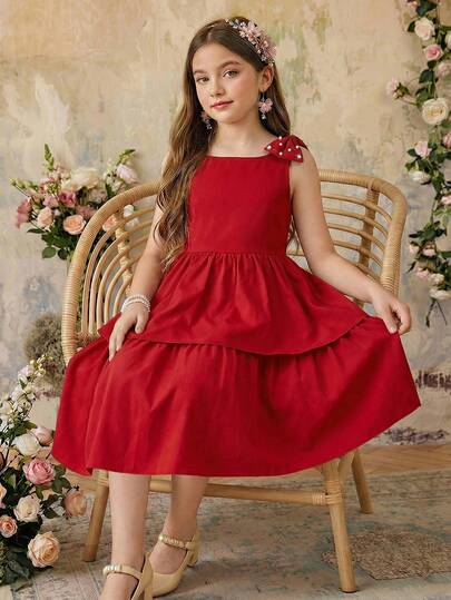 Tween Girls' Simple Fashion Dress, Shoulder Bow Decor, Double-Layer A-Line Skirt, Suitable For Summer Outings And Party Occasions