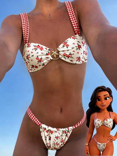 Swim Mod Women's Random Print Thick Strap Metal Decor Bikini Set, Spring/Summer