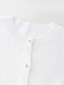 SHEIN Franclia 女士纯色圆领短袖单排扣休闲针织上衣 - 白色 - 查看 6