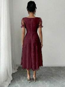 Rafferiza Đầm midi nữ thanh lịch cổ tim tay phồng thêu ren lưới thắt eo, thích hợp cho mùa hè. - Màu Đỏ Sâu - Xem 2