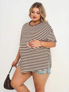 Plussiva Plus Size Pregnant Women Striped Round Neck Short Sleeve Casual Top - Brown - View 4