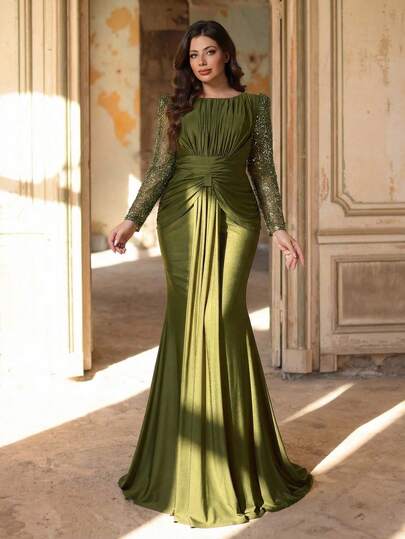 Aureia Plus Size Elegant Luxurious Green Round Neck Ruched Heterogeneous Patchwork Beaded Sleeve Ruched Waist Elastic Knit Mesh Fishtail Skirt, Suitable For Evening Party, Singles Party, Date, Ball, Holiday, Wedding, Formal Occasion (Heavy Embellishment) Luxury Dress For Women Green Wedding Guest Dress