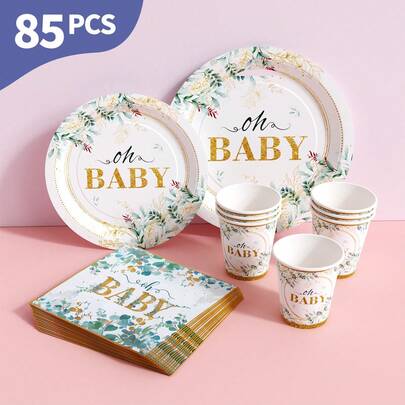 Green Leaves OhBABY Disposable Plates, Napkins And Cups Set, Serves 20 Guests. This Disposable Party Set (Including Plates, Napkins And Cups) Is Perfect For Birthday Parties, Weddings And Family Picnics.