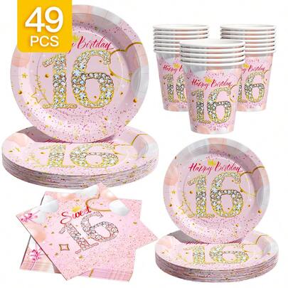 סט צלחות, מפיות וכוסות חד פעמיות ליום הולדת 16 עם רקע ורוד, מתאים ל-8 אורחים. סט ציוד למסיבה חד פעמי זה (כולל צלחות, מפיות וכוסות) מושלם למסיבות יום הולדת, חתונות ופיקניקים משפחתיים.