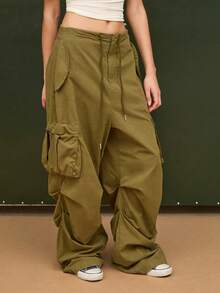 COUREZ Low Rise Parachute Cargo Trousers/ Y2K Summer Clothes For Women Summer Outfits For Women Green Trousers Khaki Trousers Festival Outfits Concert Outfits Spring Outfits For Women - Army Green - View 1