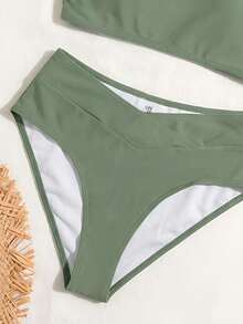 Swim Vcay Bộ bikini nữ màu xanh ô liu mới năm 2026, kiểu dáng lệch vai, dây đeo không đối xứng với vòng vàng trang trí, áo ngực và quần cạp cao, gồm hai mảnh, thích hợp cho mùa hè, đi biển. - xanh quân đội - Xem 5