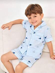 Young Boys Pajamas Set Summer Family Matching Button Front Short Sleeve Collar Shirt Short Pants Cartoon Car Blue White Striped Loungewear All Season - Blue and White - View 5