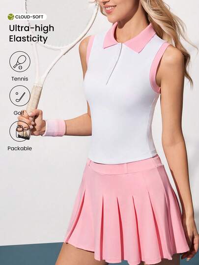 CourtClass Women's Contrast Color Polo Collar Ribbed Trim Snap Button Fitted Short Sporty Casual Tennis Polo Shirt, Suitable For All Seasons