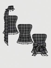 SHEIN MOD 黑白格子流苏装饰系带多功能女式上衣 – 70年代复古风、西部风、波西米亚风、游牧风，适合约会、派对、春夏女装、春假、舞会礼服、约会之夜、度假、野餐、节日、生日装扮 - 黑與白 - 查看 11