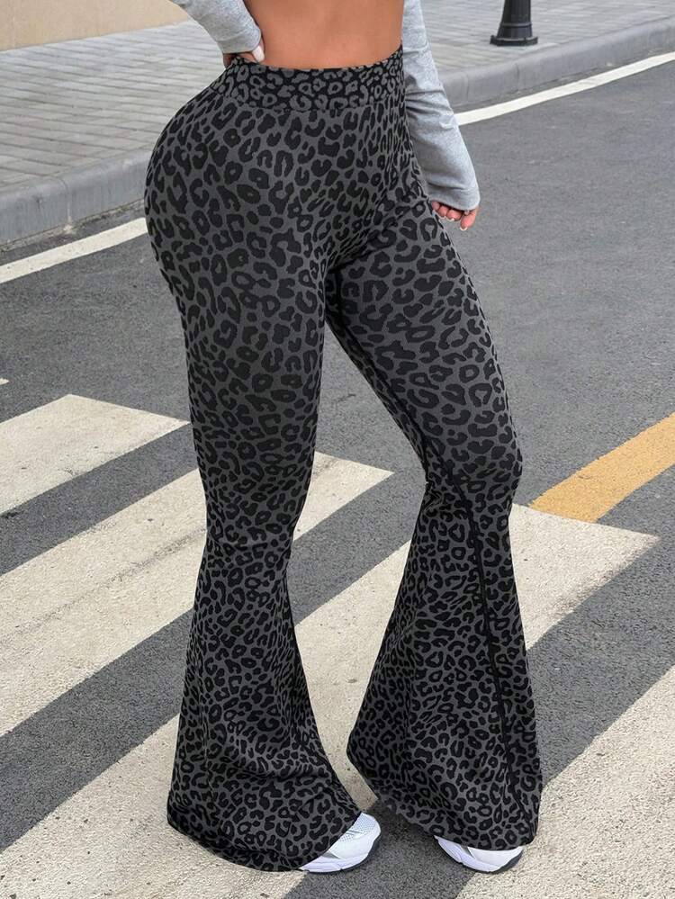 Dewbera 1 pieza Leggings deportivos con estampado de leopardo sexy y sin costuras, con espalda en V en la cintura, para correr, fitness, yoga, baile, pantalones acampanados para entrenamiento - Multicolor - Añade 7