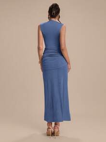 Modelyn High-Neck, Sleeveless, Pleated, Versatile And Elegant Vacation/Party Dress - Blue - View 6