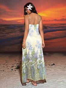 SHEIN EZwear Đầm hai dây dáng rộng in họa tiết cây nhiệt đới, cỡ lớn, màu vàng nhạt. - Vàng nhạt - Xem 2