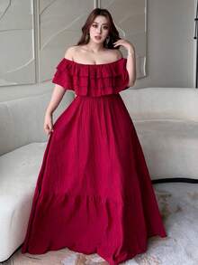 Plus Size Off Shoulder Ruffle Sleeve Three-Tier Ruffle Elegant Vintage Cute Casual Holiday A-Line Dress, Wine Red - Red - View 6