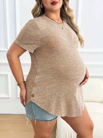 SHEIN Plus Size Pregnant Women's Solid Color Round Neck Short Sleeve Button Design Casual Top