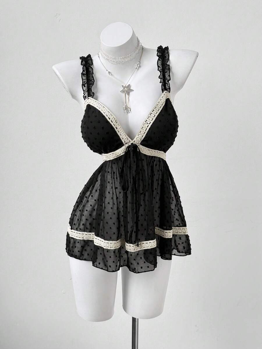 Sunspun New Arrival Sweet Elegant Going Out Tops, Bow Accent, Chiffon Textured Fuzzy Fabric Patchwork Lace Ruffle Trim Bowknot Spaghetti Strap Peplum Hem Cropped Tank Top, Spring/Summer/Fall - Black - View 1