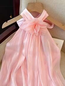 Franclia Women's Halter Neck Tie Vest, Elegant Vest, Three-Dimensional Floral Vest, Glossy Vest, Flowy Organza Vest, Versatile And Fashionable Vest, Sexy And Alluring Backless Vest, Romantic Spring And Summer Vacation Vest, Summer Outfit Vest - Pink - View 2