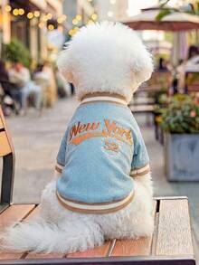 PETSIN 1 Stück Vintage "New York" bestickter Haustier Baseball Uniform, blaues lässiges College-Stil Katzen- und Hundeoutfit - Blau - Übersicht 1