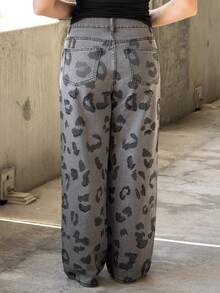 Kuleshova Women's Fashion Leopard Print Belted Casual Rhinestone Embellished Jeans - Dark Grey - View 2