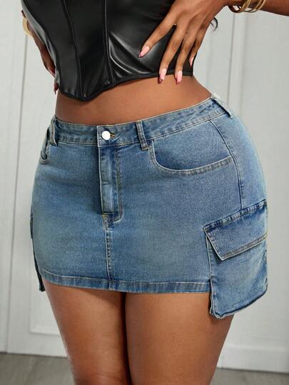 SHEIN SXY Plus Size Women Vintage Sexy Camouflage Denim Bodycon Mini Skirt