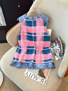 SHEIN LUNE Multicolor Plaid Print Women Tank Top Regular Length Round Neck Casual Style - Multicolor - View 2