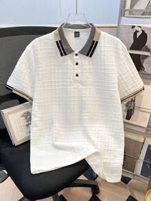 EGENSIO Men's Striped Short Sleeve Casual Textured Jacquard Ribbed Polo Shirt Men Golf Shirt - White - View 1