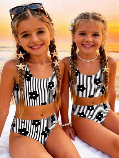 SHEIN Young Girl Striped Floral Print Tankini And Triangle Panty Swimsuit Set, Suitable For Summer Vacation