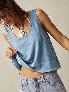 Bohemela 女士纯色V领不对称下摆针织背心 - 霧霾藍 - 查看 5