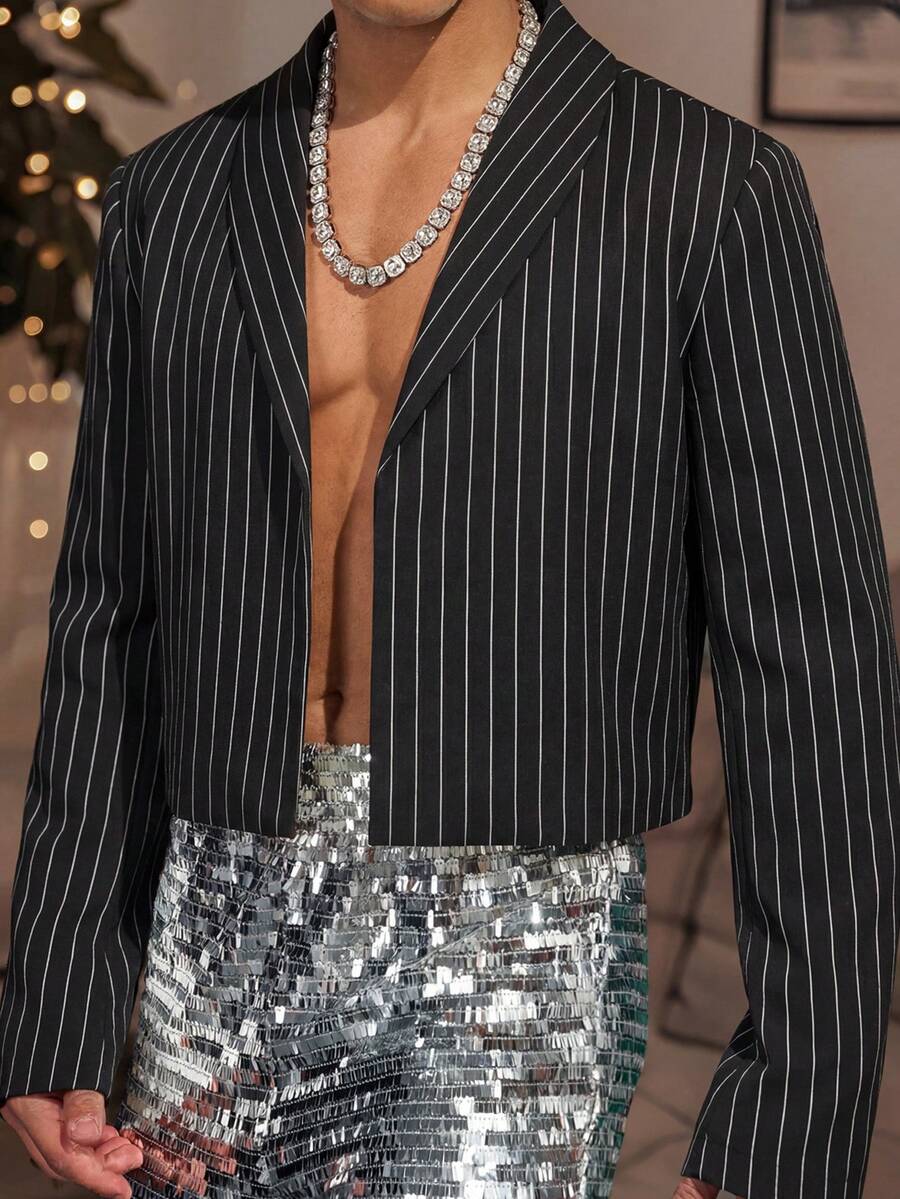 HIMLAND Men's Woven Casual Loose Fit Long Sleeve Cropped Suit Jacket