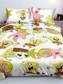 SpongeBob SquarePants | SHEIN 三件套海洋动物卡通印花被套，磨毛材质，柔软保暖，蓝色被套，双面图案，多种尺寸可选，适用于单人床/双人床/特大床，送礼佳品 - 淡黃色 - 查看 4