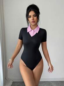 Selianne 女士条纹拼接二合一短袖连体衣 - 黑色 - 查看 7