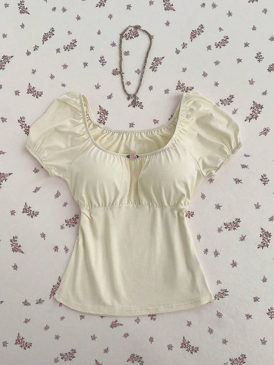 Elamini Women's Pink Elastic Round Neck Ruched Floral Decor Bust Petal Sleeve Romantic Fitted Regular T-Shirt - Apricot - View 1