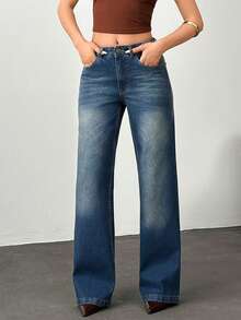 SHEIN 100% Baumwolle Straight Jeans mit niedriger Taille und Waschung - Mittele Waschung - Übersicht 5