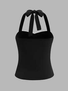 SHEIN Top de mujer con encaje, patchwork, contraste de color, cuello halter y espalda descubierta - Negro - Ver 2