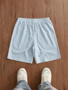 SWAVVY Men's Letter Print Striped Drawstring Waist Casual Shorts, Summer - Blue - View 2