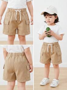 SHEIN Playful Pals 2026春夏新款男童连体卡其色纯棉弹力腰抽绳工装短裤，男童侧边大口袋儿童工装短裤，休闲舒适百搭时尚夏季薄款工装风男童短裤 - 卡其色 - 查看 7