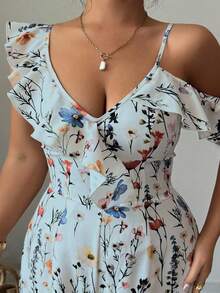 Selianne Women's Plus Size Floral Print Off-Shoulder Ruffle Jumpsuit,Light Blue Summer Boho Tea Party Wide Leg Spaghetti Strap Casual Romper Outfit - Blue - View 7